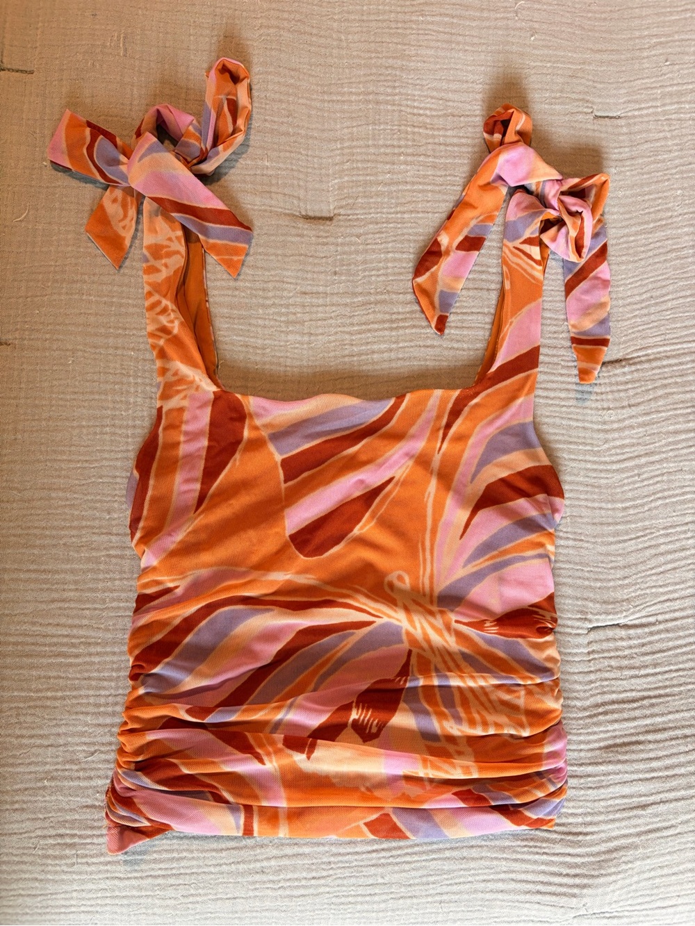 Free People Orange and Pink Tie-Shoulder Ruched Crop Top